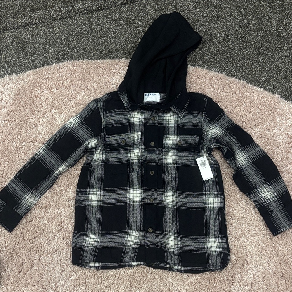 Boys NEW old Navy  Black and cream Plaid  Hoodie